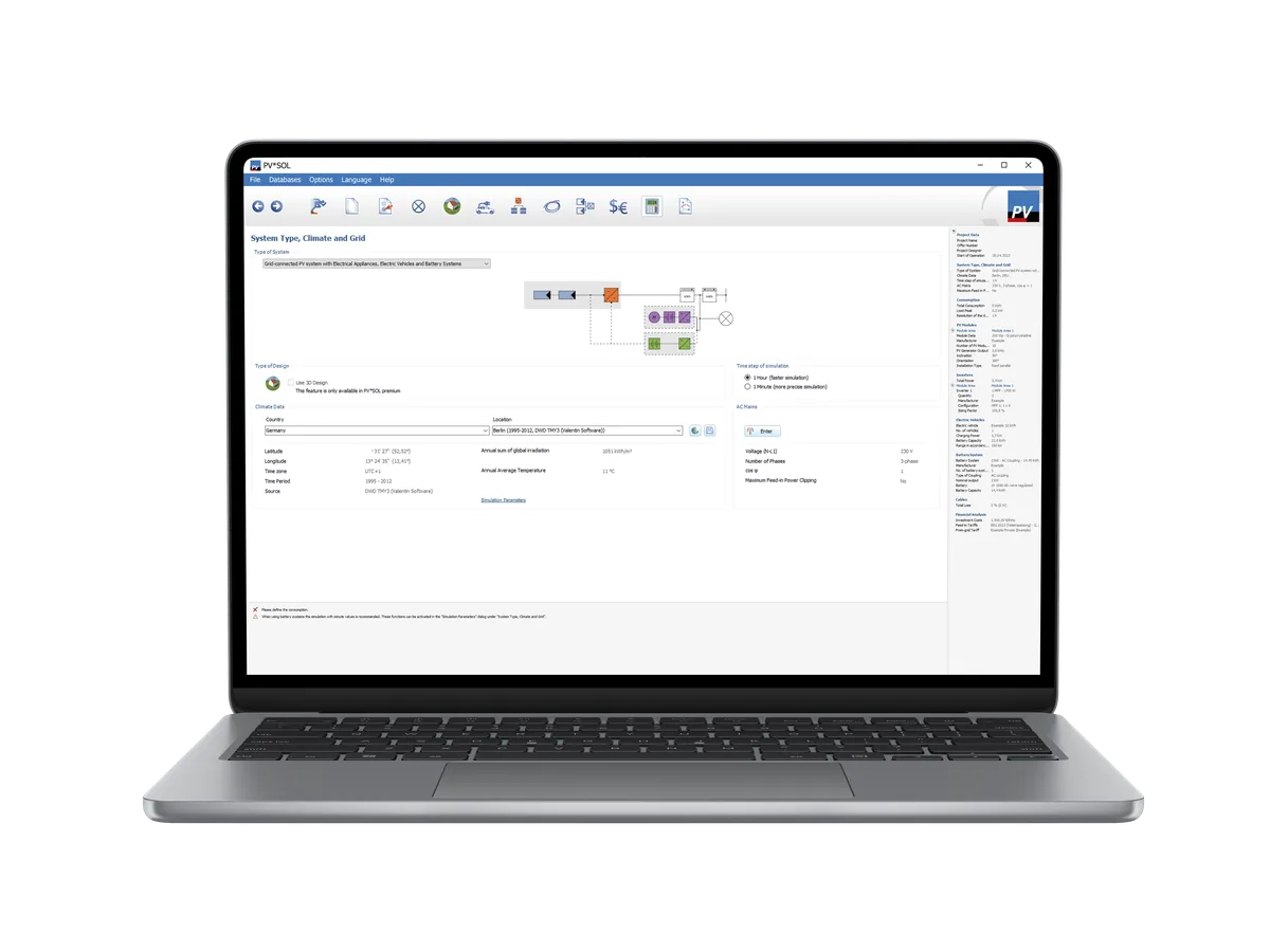 PV*SOL on a laptop: the system type, climate and grid page with the system diagram and its parameters