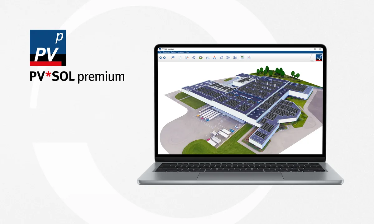 PV*SOL premium logo and a laptop showing the 3D model of an industrial building fitted with photovoltaic panels